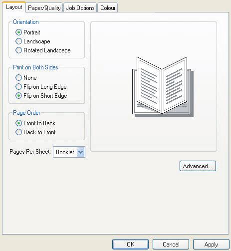 WINDOWS POSTSCRIPT 1. I kategorien Layout i driveren velger du Hefte i hurtiglisten Sider pr. ark 2. Kontroller at dupleksalternativet er satt til Vend på kort innbinding.