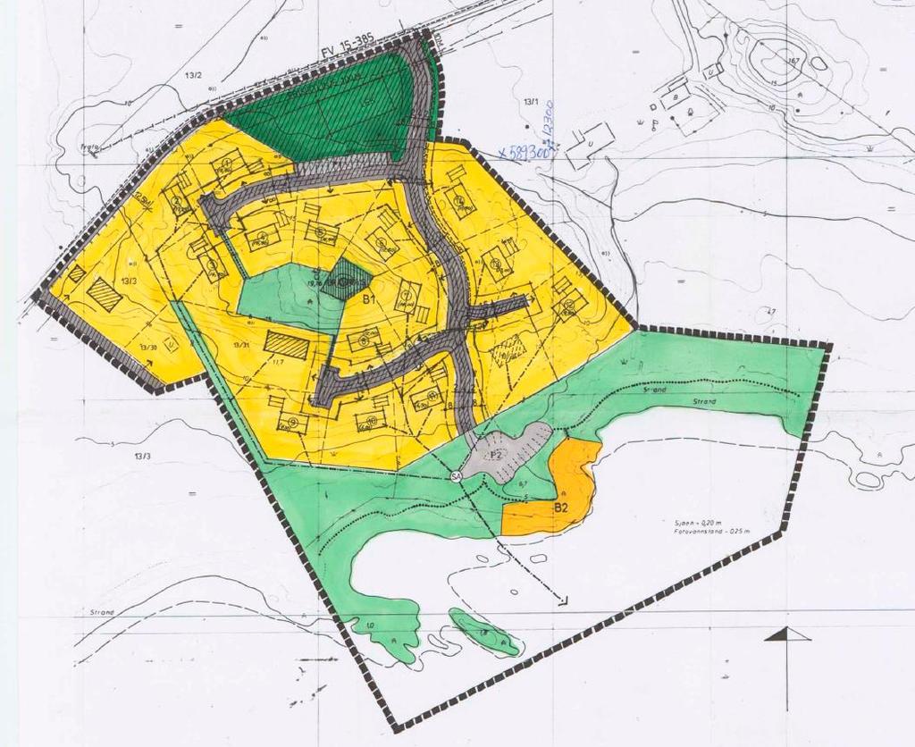 Bilde 1: Viser eksisterende reguleringsplan for Korsvoll i Edøy. Reguleringsendringen gjelder for eiendommene GID 13/48 og 13/62, og er markert på plankart med rød, stiplet linje.
