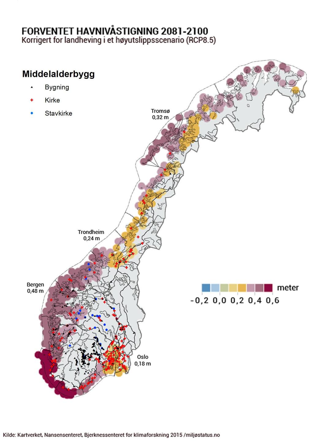 Kartet over viser den antatte havnivåstigningen for ulike deler av landet. Høyest blir stigningen på sørvestlandet, Vestlandet og Troms/Finnmark.