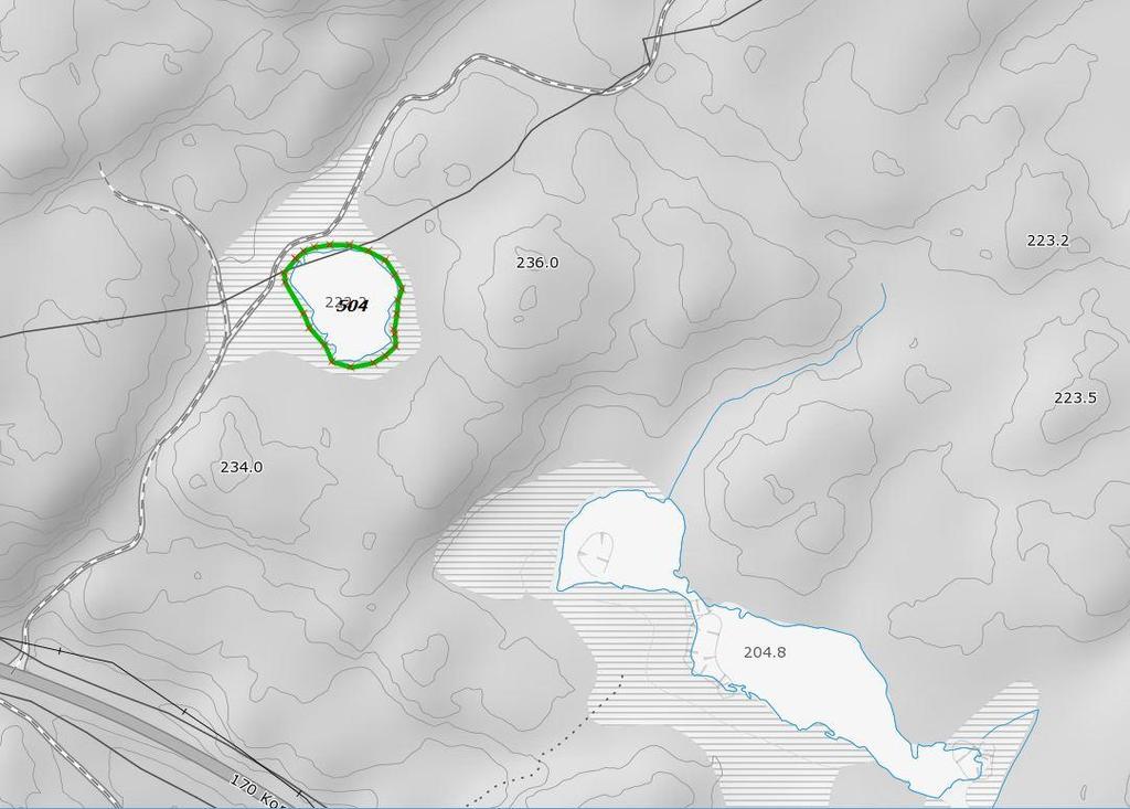 Figur 9: Grønn figur viser lokaliteten Langtjenn vest Klopptjern skogsdam (nr. 505) Innledning: Lokaliteten ble kartlagt av BioFokus v/ole J. Lønnve den 19. mai 2017.