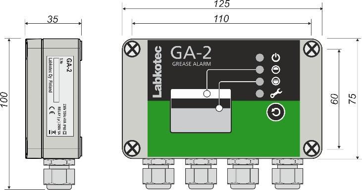 Maksimalt 10 A sikring. 5 VA 2 stk. GA-SG1-sensorer 2 stk. potensialfrie reléutganger 250 V, 5 A Driftsforsinkelse 10 sekunder Releet blir strømløst ved utløsningspunktet.