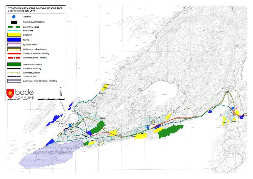 Figur 6-9 - Kart over arealstrategien i kommuneplanens arealdel 2014-2026 (Kilde: Bodø kommune) I bydelen Hunstad Sør skal det i årene fremover bygges rundt 1 000 nye boliger, som kan gi en