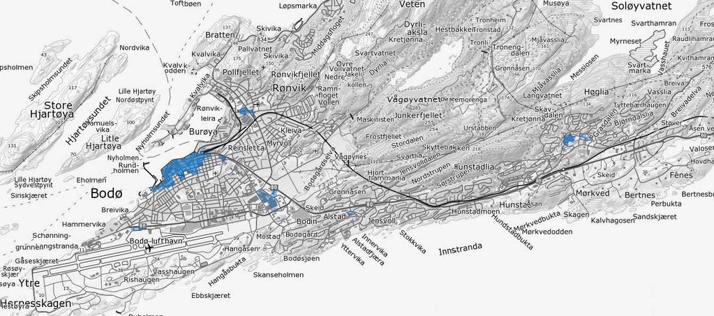 Figur 3-1 - Kart over sentrumsområdet i Bodø (SSB) Kartet ovenfor viser det som defineres om sentrumsområdet i Bodø (avgrenset med rød strek), samt etableringens beliggenhet 2.