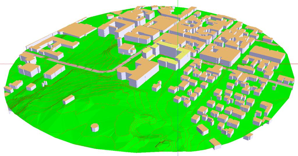 Vedlegg 5. 3D-modell over området ved Kvartal 261 For å vurdere lokal luftkvalitet ved Kvartal 261 er det utarbeidet en modell over området. Modellen er vist i 3D i Figur 1.