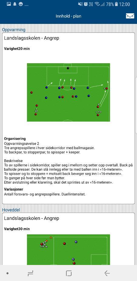 Fra appen klikker du deg inn på en av treningene og velger «vis innhold». Derfra forklarer du deltakerne at trener eller spiller kan se innholdet til neste trening.