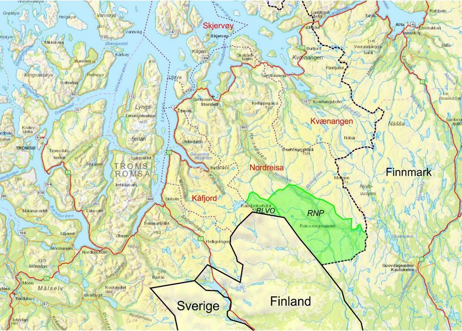 Figur 1: Prosjektområde Reisa nasjonalpark (RNP) og Ráisduottarháldi landskapsvernområde (RLVO). Modifisert fra norgeskart.