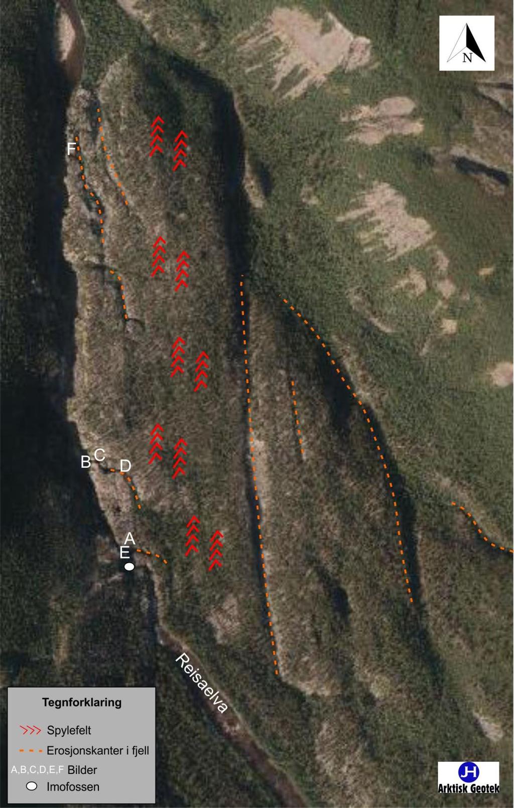 Figur 8: Forenklet tolkning illustrert på flyfoto av området ved Imo.