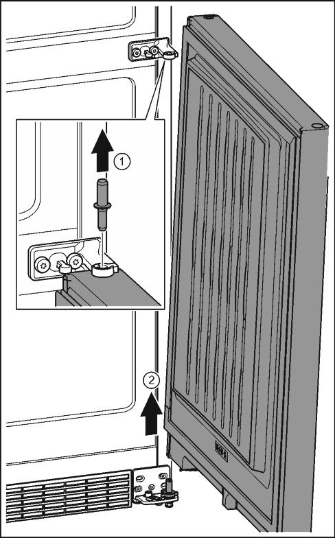 Sett den inn fra den andre siden, og la den klikke på plass. Fig. 10 (4) u Løft døren opp, og sett den til side. u Løft proppen forsiktig ut av dørens lagerbøssing med en skrutrekker, og trekk den ut.