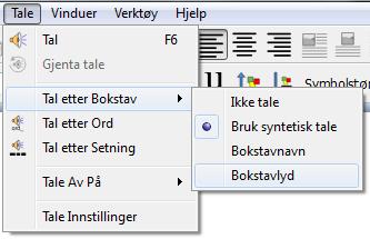 Tale SymWriter kommer med en tale funksjon som er tilgjengelig i verktøylinja og fra Tale menyen. Den kan brukes til å optimalisere dokumentet på flere måter. F.eks.