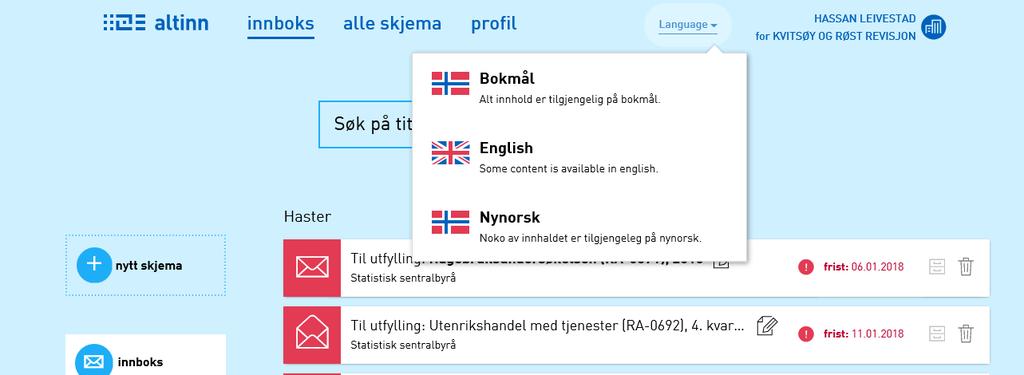 Her kan du søke etter skjemaet og velge språkform for skjemaet