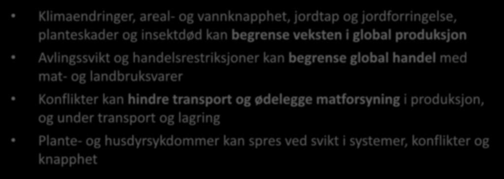 Trusselbildet for det globale matsystemet: Klimaendringer, areal- og vannknapphet, jordtap og jordforringelse, planteskader og insektdød kan begrense veksten i global produksjon Avlingssvikt og