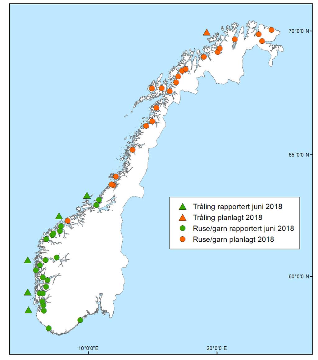 1 Innledning Figur 1. Områder for tråling etter postsmolt laks og ruse/garnfangst av sjøørret/sjørøye langs Norskekysten i 2018. Grønn punkter er inkludert helt eller delvis i denne rapporten.