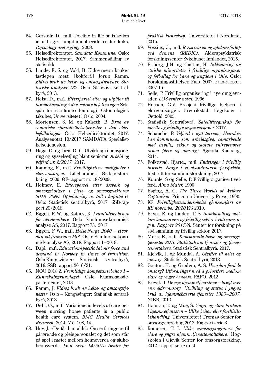 178 Meld. St. 15 17 18 54. Gerstofr, D., m.fl. Decline in life satisfaction in old age: Longitudinal evidence for links. Psychology and Aging,. 8. 55. Helsedirektoratet. Samdata Kommune.