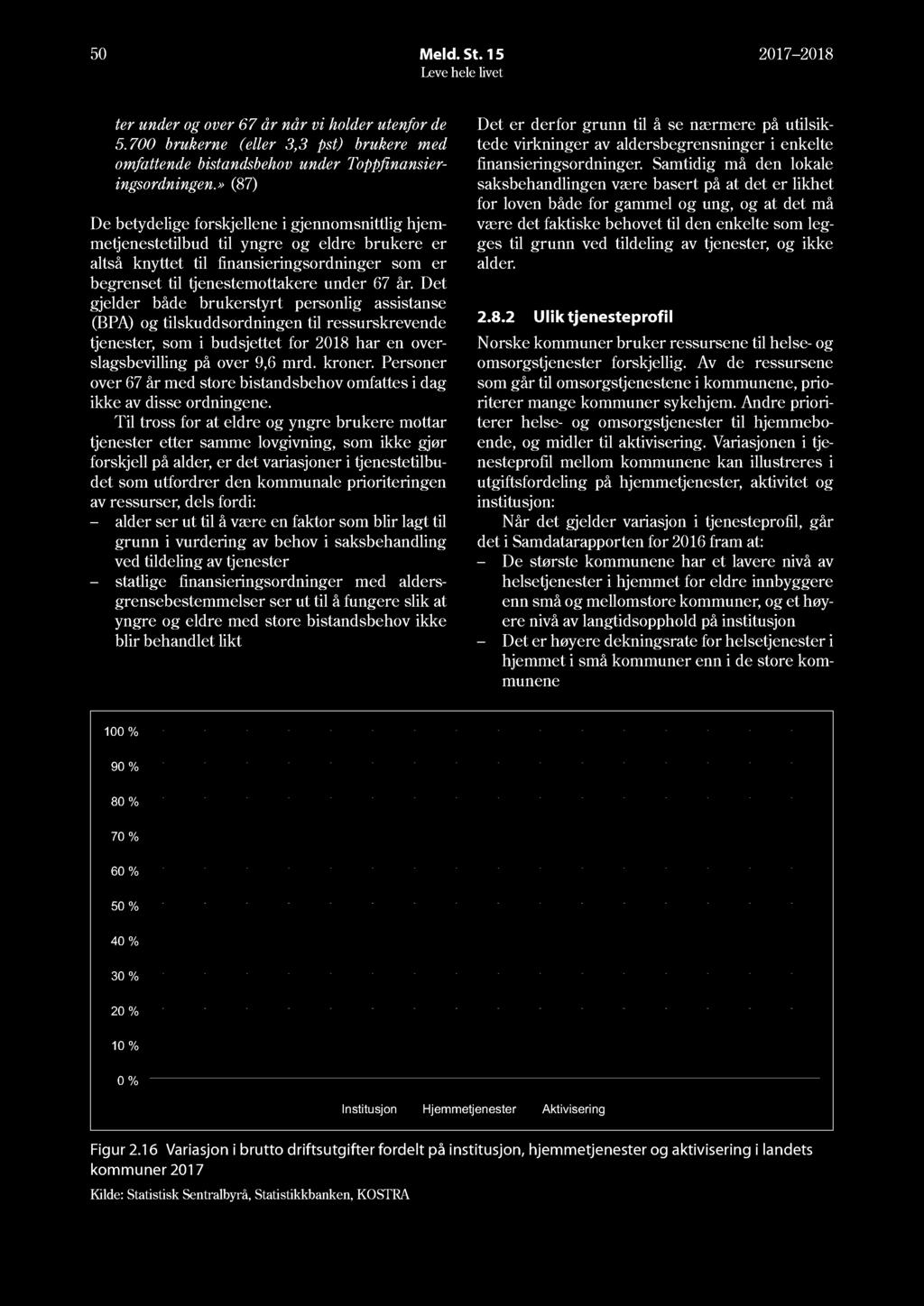 5 Meld. St. 15 17 18 ter under og over 67 år når vi holder utenfor de 5.7 brukerne (eller 3,3 pst) brukere med omfattende bistandsbehov under Toppfinansieringsordningen.