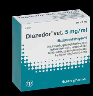 NYHET Diazedor vet. diazepam 5 mg/ml, injeksjonsvæske, oppløsning Diazedor Vet. 1 ml inneh.: Diazepam 5 mg, etanol, propylenglykol, natriumhydroksid (til ph justering),vann til injeksjonsvæsker.