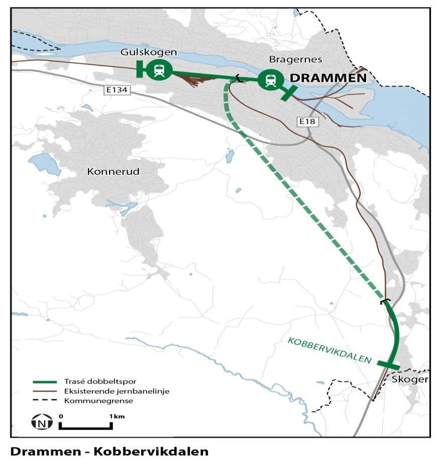 Drammen-Kobbervikdalen 10 km dobbeltspor fra Drammen til Kobbervikdalen 275 m løsmassetunnel 7 km fjelltunnel Ny bru over E18 i