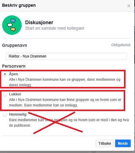 8 3. For å bestemme om din gruppe skal være åpen eller lukket, må du trykke på tilpass knappen og deretter velge gruppetype «Åpen» eller «Lukket, trykk neste og legg til kollegaer.