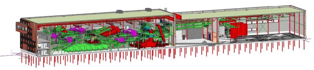 Hovedtrekk: Tre anlegg under samme tak: 2 sorteringsanlegg for hhv. restavfall og papiravfall, samt vaske-/pelleteringsanlegg for plast. 11.000 m 2 total grunnflate. Planlagt for å ta imot ca. 66.