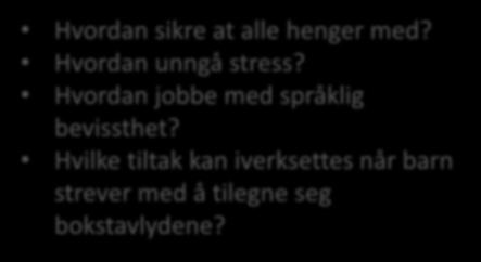 Noen tror dette handler om: at elevene skal ha lært seg alle bokstavene i løpet av høsten at elevene skal ha lært seg å lese før jul Formålet er at elevene gjennom rask bokstavprogresjon får tilgang