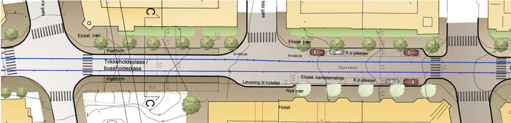 På nedre del av Skovveien (mot Frognerveien) er den vestlige fasaderekken brukt som "retningsgiver'' for trikkesporene og gateutformingen.» Gatas trebeplantning ivaretas.