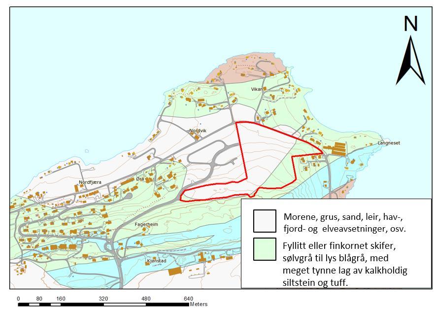 Figur 4. Berggrunnskart fra NGU. Planområdets beliggenhet er indikert med rød polygon. Kilde: www.ngu.no 3.