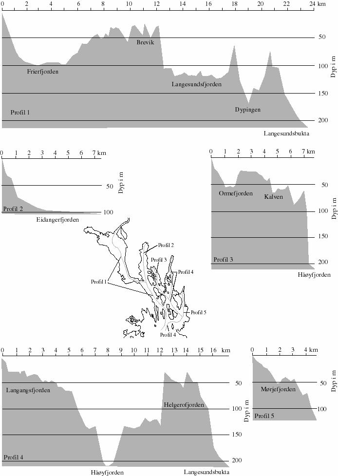 Figur 2. Grenlandsfjordene. Bunnprofiler som viser de forskjellige bassengene.