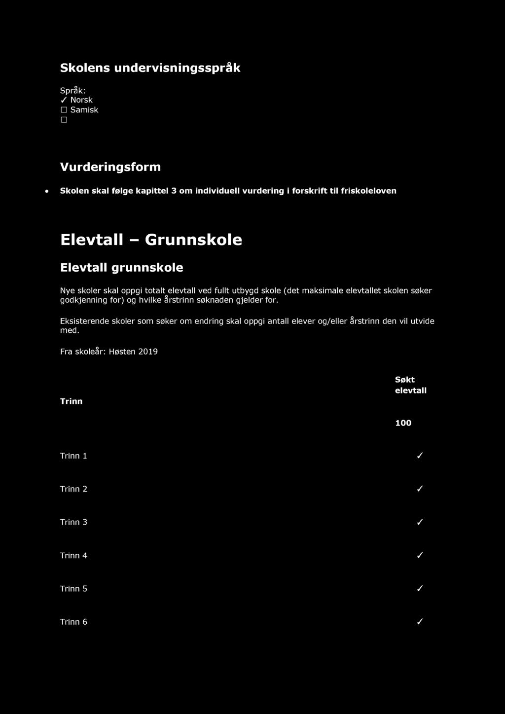 Skolens undervis ningsspråk Språk: Nors k Samis k Vurderingsform Skolen skal følge kapittel 3 om individuell vurdering i forskrift til friskoleloven Elevtall Elevtall Grunnskole grunnskole Ny e