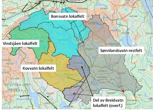 4.2.1 Vannføring i Sønnlandsvatn i naturlig og regulert felt Sønnlandsvatn har et restfelt på ca. 151 km 2 som det skal beregnes restvannføring for (se Figur 2).