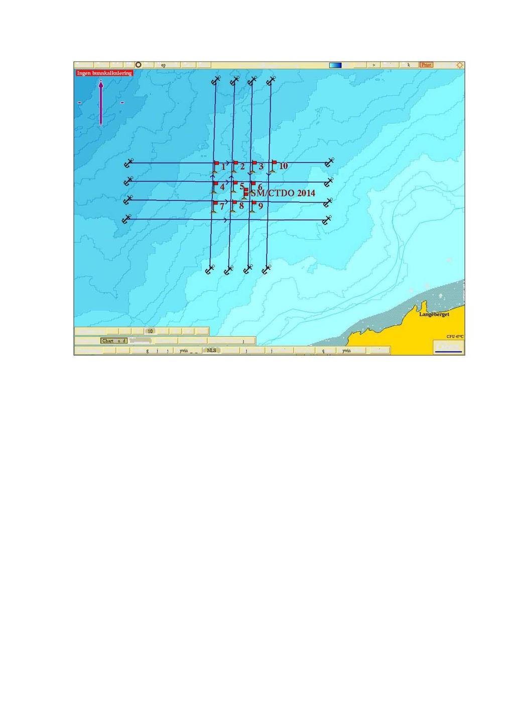 Figur 1. Lokaliteten Sandstrand med avmerket posisjon for strømmålinge r med r ød t dobbeltflagg SM /CTDO 2014. Ni stk.