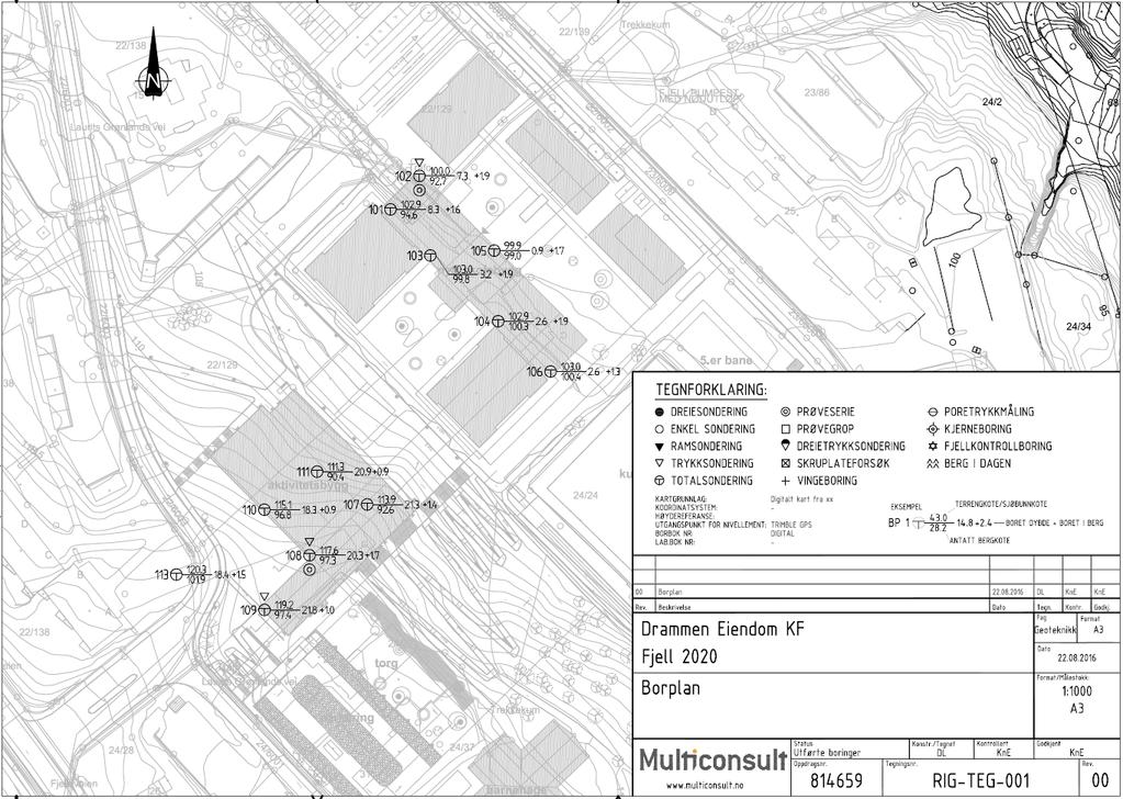 Figur 3 viser foreslått plassering av det borehullsbaserte termiske energilageret (Drammen Eiendom 2017) sammen med geoteknisk informasjon fra Rambøll (2011) og Multiconsult (2017).