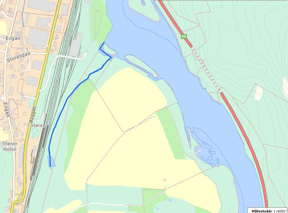 3.2 Evje ved jernbaneområde Støren 122-67-R Figur 6. Oversiktskart over Evje ved jernbaneområdet, Støren. Pil angir stasjonsområdet. (Kartgrunnlag:http://vann-nett.nve.
