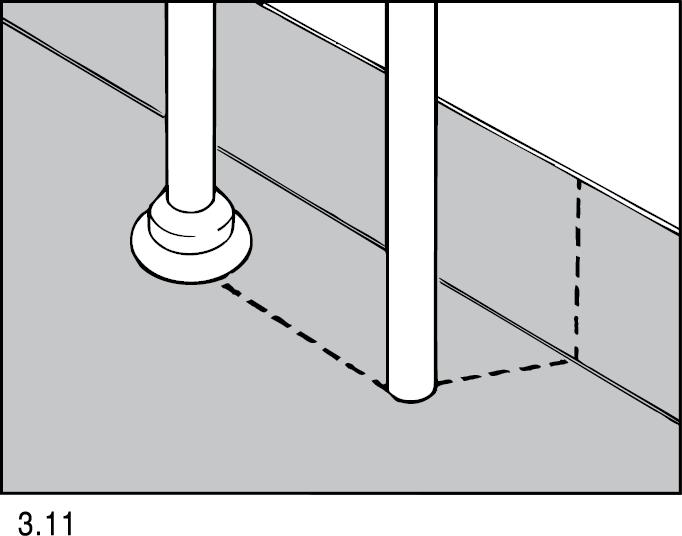 11 Ved gjennomføringer i gulv skal belegget monteres slik at man får en oppbrett på ca. 15 mm. Ved avløpsrør med diameter 60 mm eller mer, kan man få en oppbrett på ca.