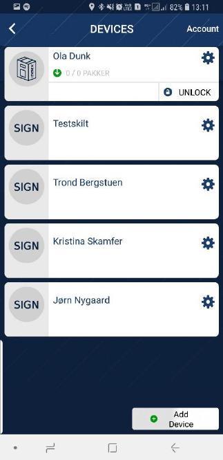 DAGLIG BRUK MED APP: For å låse opp postkassen: Start app Trykk på tannhjulet oppe i venstre hjørne og gå til oversikt over dine enheter Trykk på UNLOCK Postkassen er nå åpen.