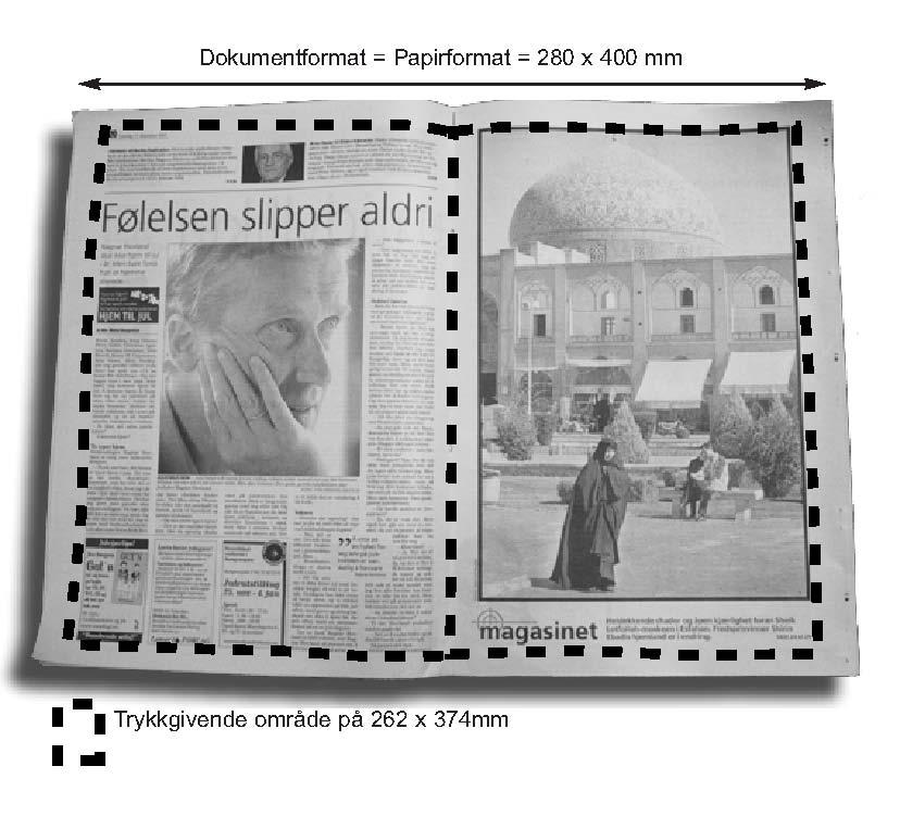 Alternativ 2: Papirformat 280 x 400 millimeter (trykkgivende område 262 x 374 millimeter) Det totale Dokumentformatet må være: 280 x 400 millimeter, Dette er et bruttoformat, og papirkant i ytterkant