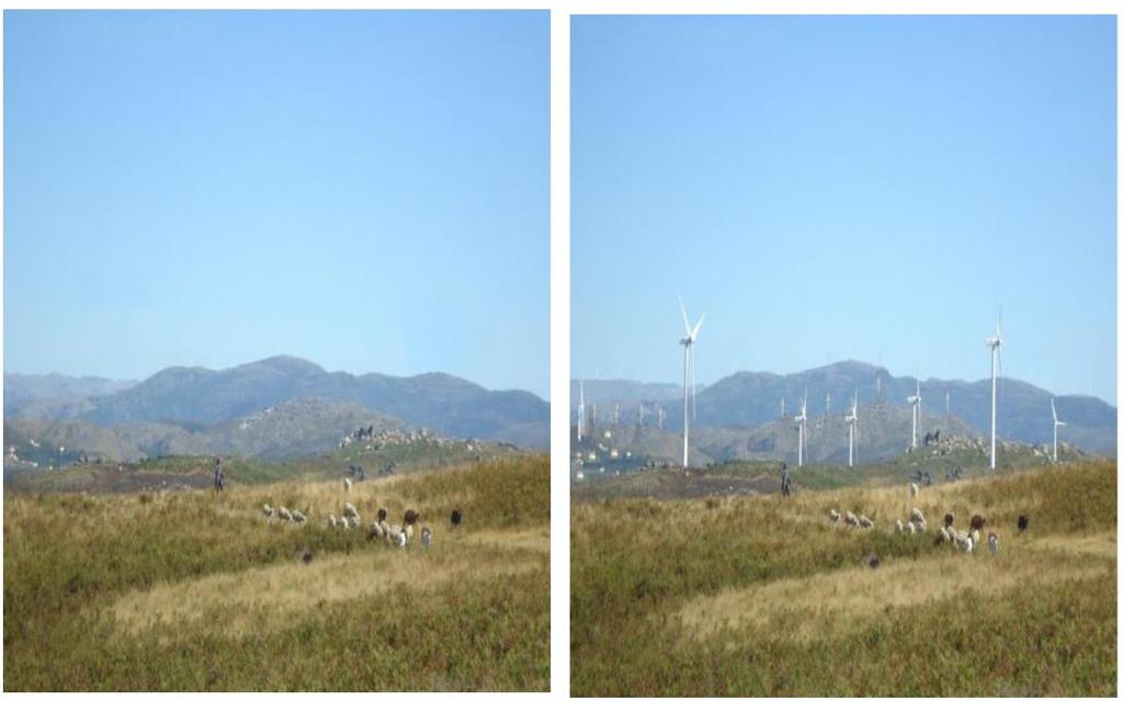 Derfor må disse antageligvis bilderedigeres. Et eksempel på slik bilderedigering vises under, hvor vindmøller er redigert inn i beitemark. Figur 5-6 Vindmøller redigert inn i et beite (Botelho m.fl.