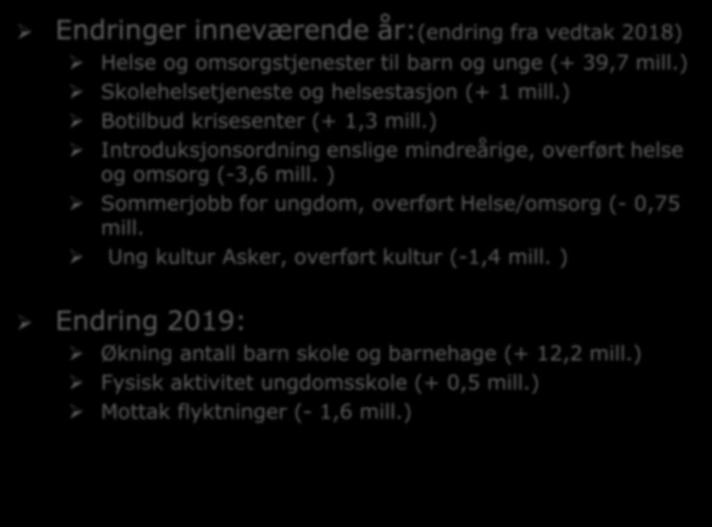 Hva får vi til nye tiltak Endringer inneværende år:(endring fra vedtak 2018) Helse og omsorgstjenester til barn og unge (+ 39,7 mill.) Skolehelsetjeneste og helsestasjon (+ 1 mill.