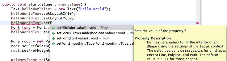 Her ser du at Eclipse foreslår et variabelnavn (helloworldtext), et pakkenavn (helloworld) og et klassenavn (HelloWorldApp). Hvis du velger helloworldtext, så legges denne teksten inn.