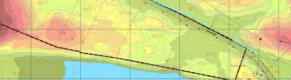 Som det går frem av høydelagskartet under, ligger hovedvegen lavere enn planområdet. Figur 2: Høydelagskart Avrenningen følger veggrøfter / terreng frem til eiendom 181/2 og så videre til Ulsetstemma.