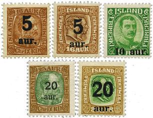 D Provisorier Månedens tilbud Island 1921-22. 5 ulike postfriske merker. Best.nr.