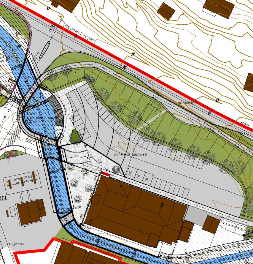 Figur 2: Utsnitt fra vedtatt reguleringsplan. Felt BF1 er Kiwi. SPA1 er framtidig parkering. ST1-3 er torg. GF1 er regulert grønnstruktur (vedlegg 3a).