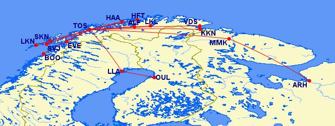 Figur 21; Mulig Arktisk nettverk av flyruter 3.9 Interkontinentale ruter på OSL skaper vekst i Nord Nord-Norge er tynt befolket og det er mange flyplasser.
