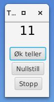 Et nytt eksempel: et telleverk Del 4: Avsluttende initiering Pane kulisser = new Pane(); kulisser.setprefsize(90,150); kulisser.getchildren().add(tellersomtext); kulisser.getchildren().add(telleknapp); kulisser.