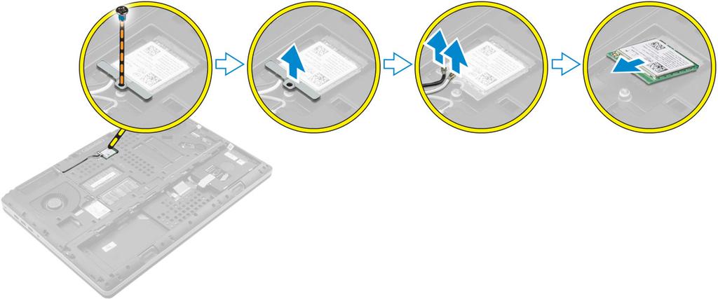 Sette inn WLAN-kortet 1 Sett WLAN-kortet inn i sporet på datamaskinen. 2 Før kablene gjennom føringskanalene og koble dem til WLAN-kortet.