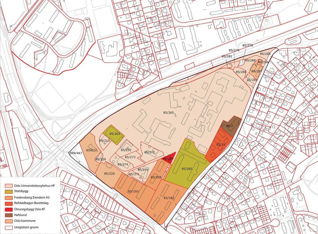 Tittel: Videreutvikling Aker og Gaustad - Konseptfase Aker - Steg 1 Side: 25 av 69 3.5 Eierforhold OUS er største eier i planområdet.