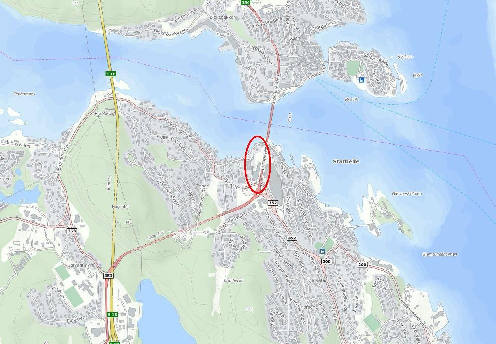 5 (15) 3. PLANOMRÅDET DAGENS SITUASJON 3.1 Områdebeskrivelse Planområdet ligger på Stathelle i Bamble kommune, umiddelbart vest for Breviksbrua.