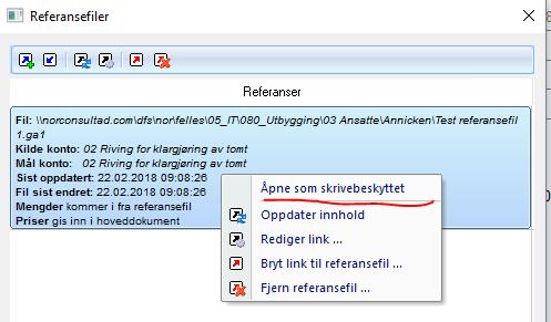 Åpning av referansefil skrivebeskyttet Høyreklikk på referansefil i referansemenyen for å åpne en fil skrivebeskyttet direkte fra master/hovedfil.