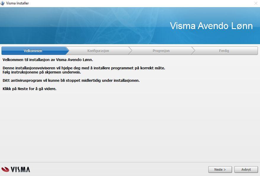 Etter at alle prerekvisittene er installert, vil installasjon av Visma Avendo lønn starte. 1. Klikk på Neste-knappen for å fortsette installasjonen.
