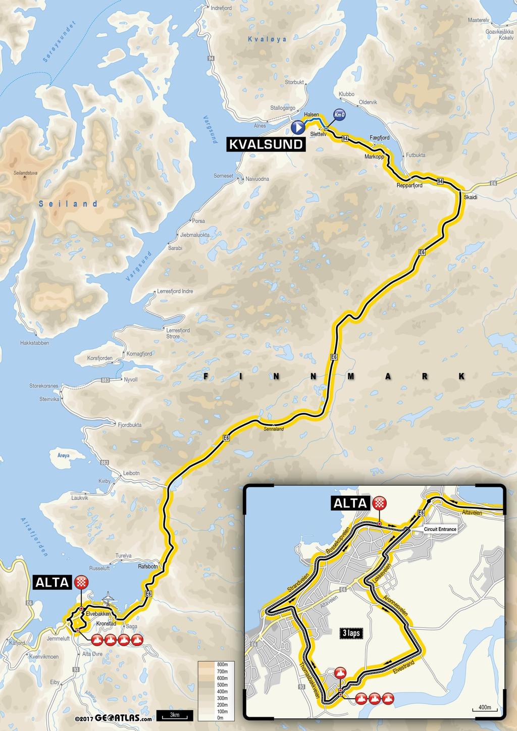 6 Arctic Race of Norway 2018 Lørdag 18. august er det målgang i Hammerfest for 3. etappe av Arctic Race of Norway 2018. Søndag 19. august starter 4. etappe i Kvalsund.