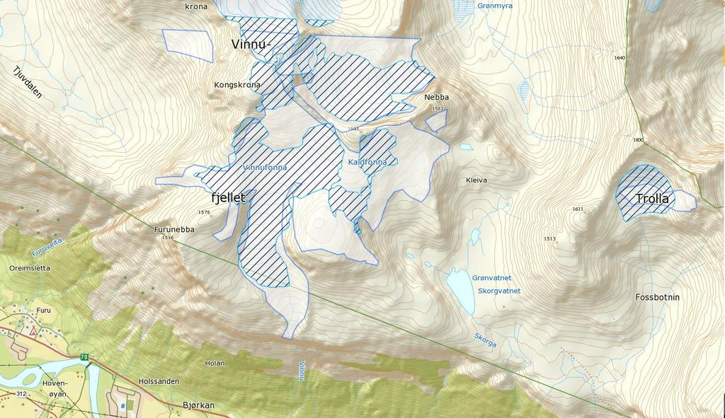 Vinnufonna Isbre 1879 Isbre i dag Figur 21: Kartet viser isbreene på Vinnufjellet og omkringliggende breer slik de ble kartlagt i 1879 (41B 8; 41B 11; 41B 12) og breer slik de fremstår i kartdata