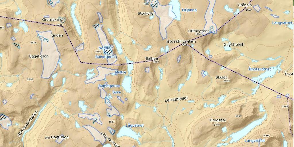 Isbre 1879 Isbre i dag Figur 23: Kartet viser breer fra 1879-88 og dagens breer i området rundt Storskrymten, vi ser også Eggebreen helt til venstre i kartet.